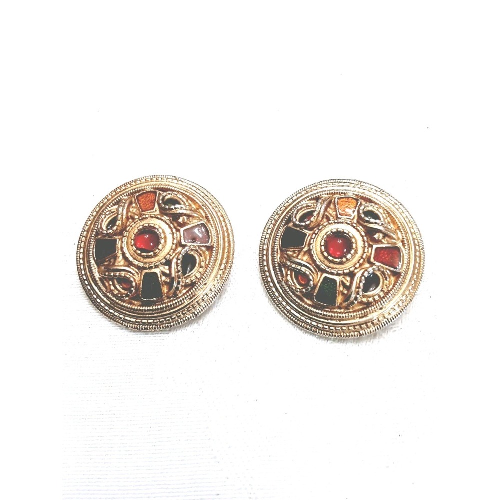 Carol Dauplaise Clip On Earrings Goldtone Multicolor Enamel Red Cabochon Vtg